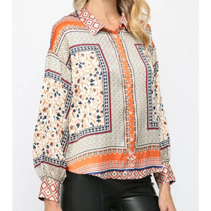 Fate | Boho Floral & Geometric-Print Silk/Satin-Like Button-Up Blouse Top